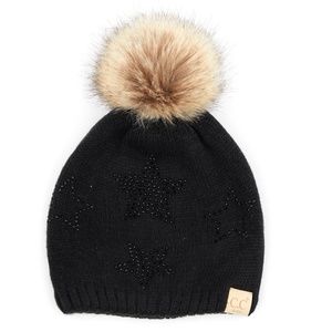 C.C Kids Star Rhinestone Beanie W. Faux Fur Pom